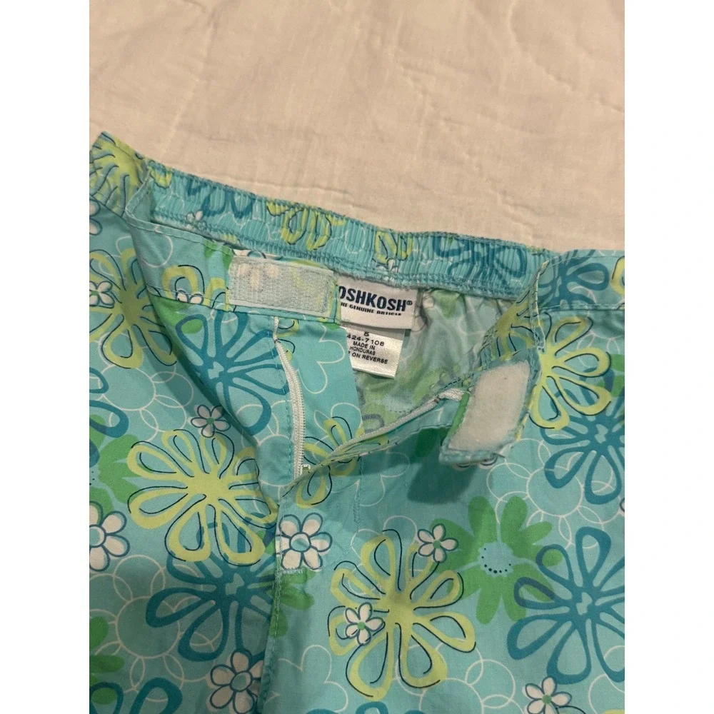 OshKosh Bgosh Kids Teal Floral Daisy Cotton Pants Size 5 Vintage Style Hook Loop